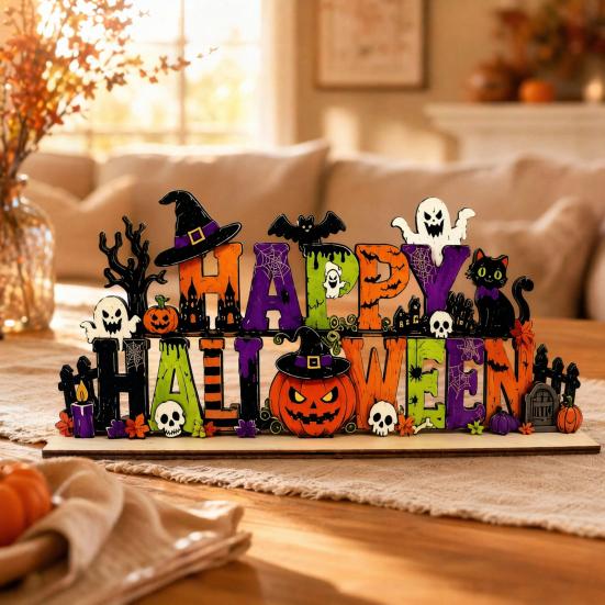 Fall Season Shelf Decor Happy Halloween Wooden Sign Ornaments with Pumpkin Ghost And Bat Elements for Decorative Party Props Tiered Tray Table Autumn