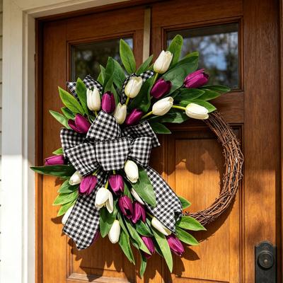 Tulip Wreath for Front Door Spring Artificial Tulip Rattan Wreath with Green Leaves And Plaid Bow for Farmhouse Wall Window Easter Home Decor