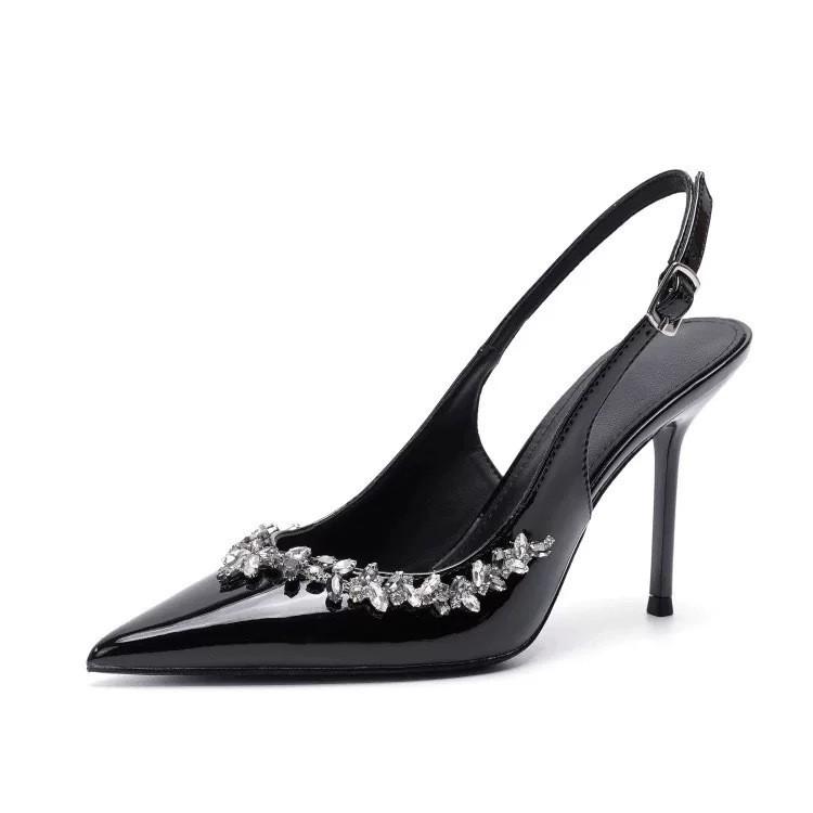 Black high heels women's thin heels new rhinestone temperament high heels sandals women's sexy versatile pointed single shoes women