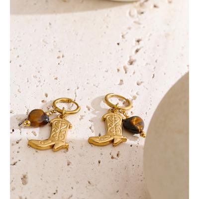 Yhpup Natural Tiger Stone Boots Shoes Pendant Drop Hoop Earrings Stainless Steel Charm Vintage Fashion Jewelry Prevent Allergy