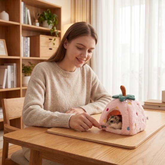 Comfortable Pet Sanctuary Plush Strawberry Hamster Bed, Soft Winter Warm Hideout, Cute Cozy Enclosed Cave Bed for Gerbil, Sugar Glider,