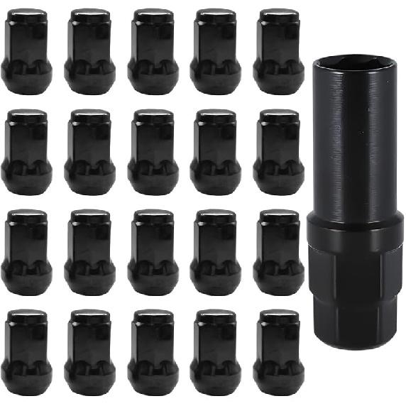 Car Wheel Lug Nuts, 20PCS Chrome Aftermarket Closed End Duplex 6 Spline Lugnut with 1 Key, Fuel Rim Lug Nut Lock Removal Socket Replacement Tool,