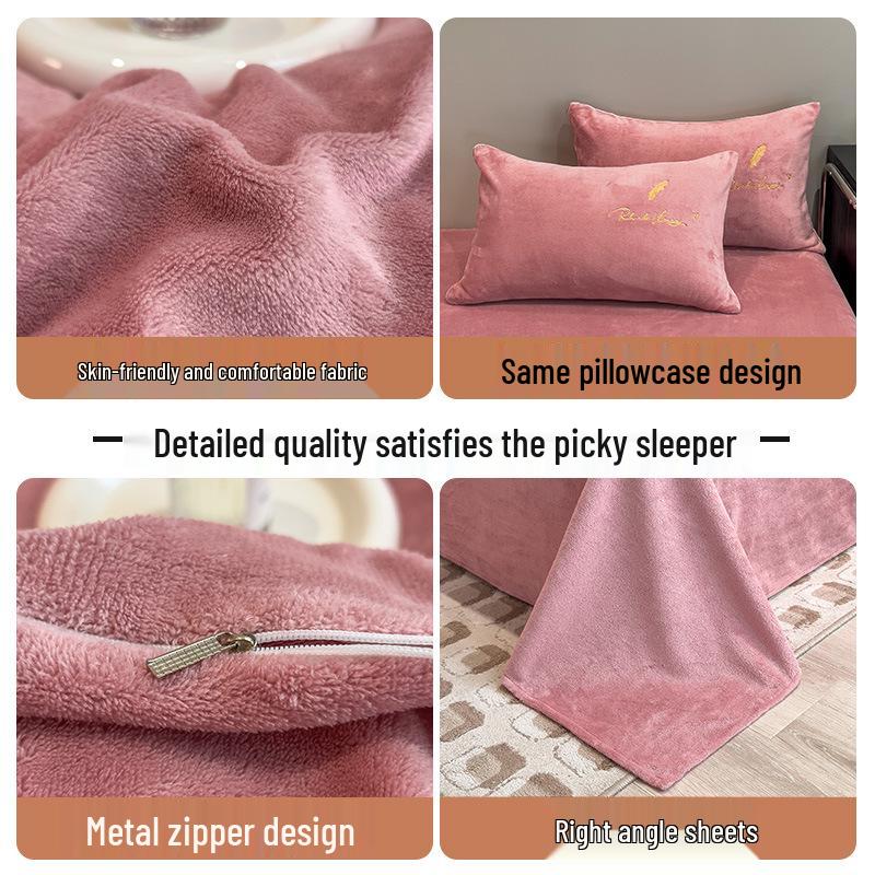 Coral Fleece Milk Velvet Winter Bedding Set: Thickened Embroidered Duvet Cover and Bed Sheet for Dorms.