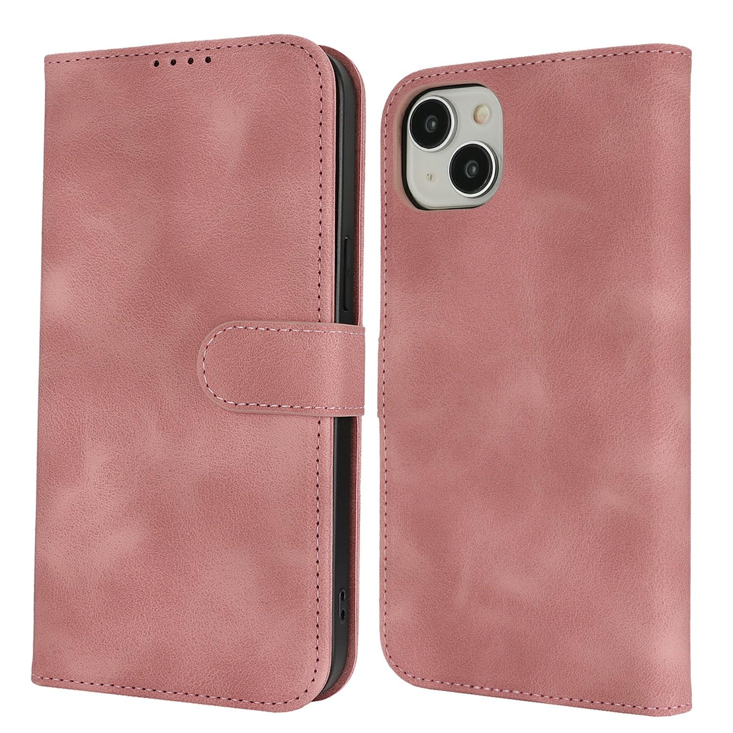 

For iPhone 15 Plus/14 Plus Wallet Case Double Folded Edge Skin Touch PU Leather Flip Phone Cover Rose Pink
