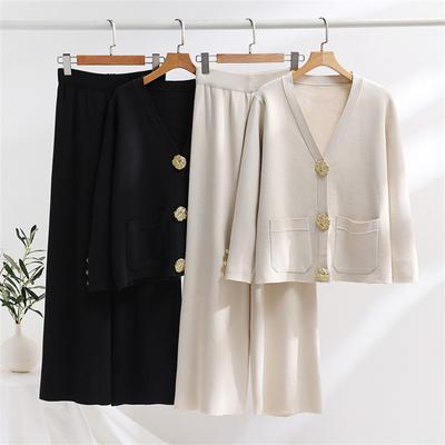 Fall Winter Elegant Women 2 Piece Sets V-neck Sweater Cardigan Coats Tops Ensemble Ankle Length High Waist Wide Leg Pants Outfit