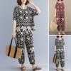 2 Pcs/Set Women T-shirt Pants Set Round Neck Short Sleeve Printed Top Loose Elastic Waist Side Pockets Long Trousers Casual Daily Wear Outfit
