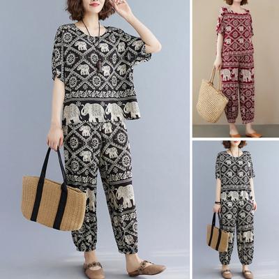 2-teiliges Set mit T-Shirt und Hose für Damen, Rundhalsausschnitt, kurzärmliges bedrucktes Oberteil, lockere Passform, elastische Taille, Seitentaschen, lange Hose, lässiges Outfit für den Alltag