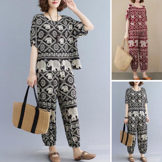 Set da 2 pezzi da donna T-shirt e pantaloni Girocollo Manica corta Top stampato Pantaloni lunghi a vita elastica larga con tasche laterali Abito casual per tutti i giorni