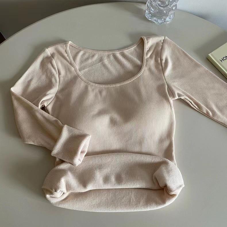 Korean Style Slim Fit Square Neck Brushed Velvet T-Shirt with Chest Pads for Autumn and Winter