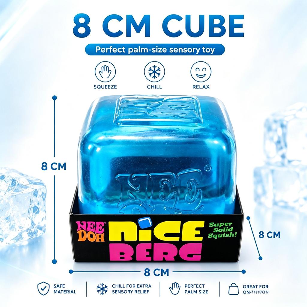 NeeDoh Niceberg 8CM Cube Stress Relief Sensory Toy Super Solid Squish Fidget Cube Cool Blue Relaxing Desk Toy Anxiety Relief Portable Gift for Kids