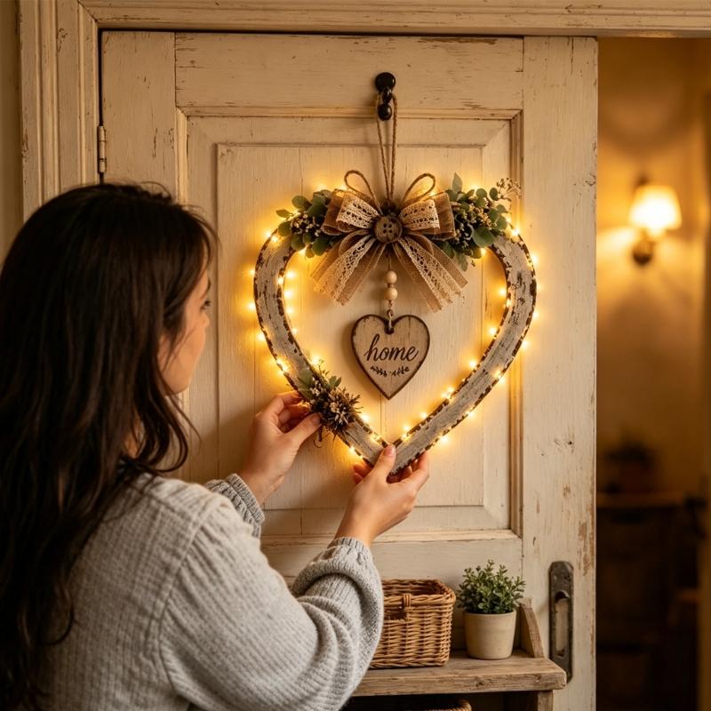 Natural Wood Heart Wall Accent with Ribbon Top and Leaf Trim for Entryway Living Area Bedroom Home Wall Display