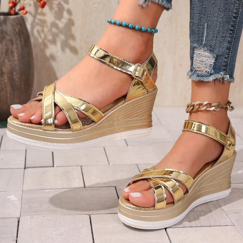 Fashion 2025 Buckle Strap Women's Sandals Open Toe Wedge Heel Fashion Platform Summer Casual Sandals Comfortable Plus Size Shoes Ladies