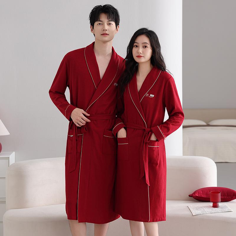 Couple Nightgown Women'S Spring And Autumn Pure Cotton Long-Sleeved Bathrobe Red Men'S Pajamas Couple Outfit