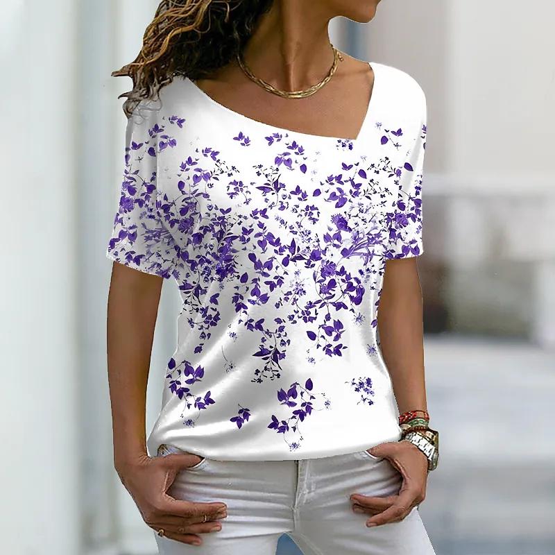 Summer Women's Floral Theme Printed Painting Pullover V Neck Flower Printed Streetwear Casual Oversized T Shirts Y2K Tops