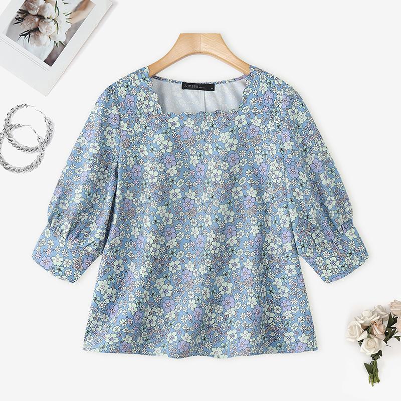 

ZANZEA Women Square Collar Summer Casual 3/4 Sleeve Floral Blouse 5XL синий
