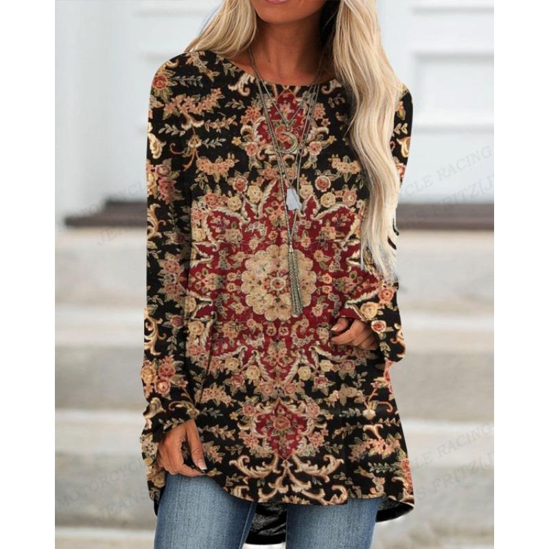 Vintage T Shirt European Pattern 3d Print T-shirt Women Fashion T-shirts Long Sleeve Tops Tees Harajuku Tshirt Ladies Tops Y2k