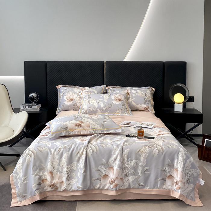 Printed Tencel Summer Quilt 4-Piece Set - Cooling Ice Silk for Naked Sleep, Smooth Gift Quilt