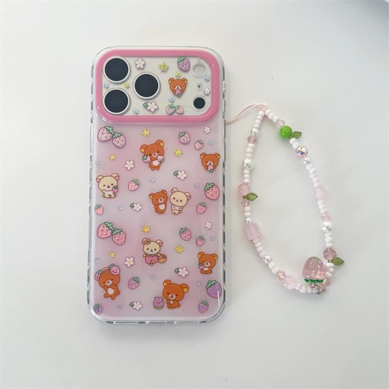 

Новый ударопрочный чехол 2026 года для iPhone 15 16 17 Pro Max с принтом клубники и клубничным бусинным ремешком на запястье, с большим прозрачным окошком For iPhone 17ProMax