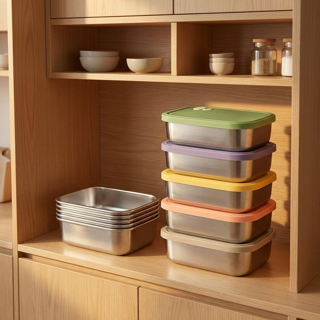 304 Stainless Steel Food Container Stackable Refrigerator Sealed Fresh-Keeping Box Fruit Vegetable Storage Box Microwave Safe