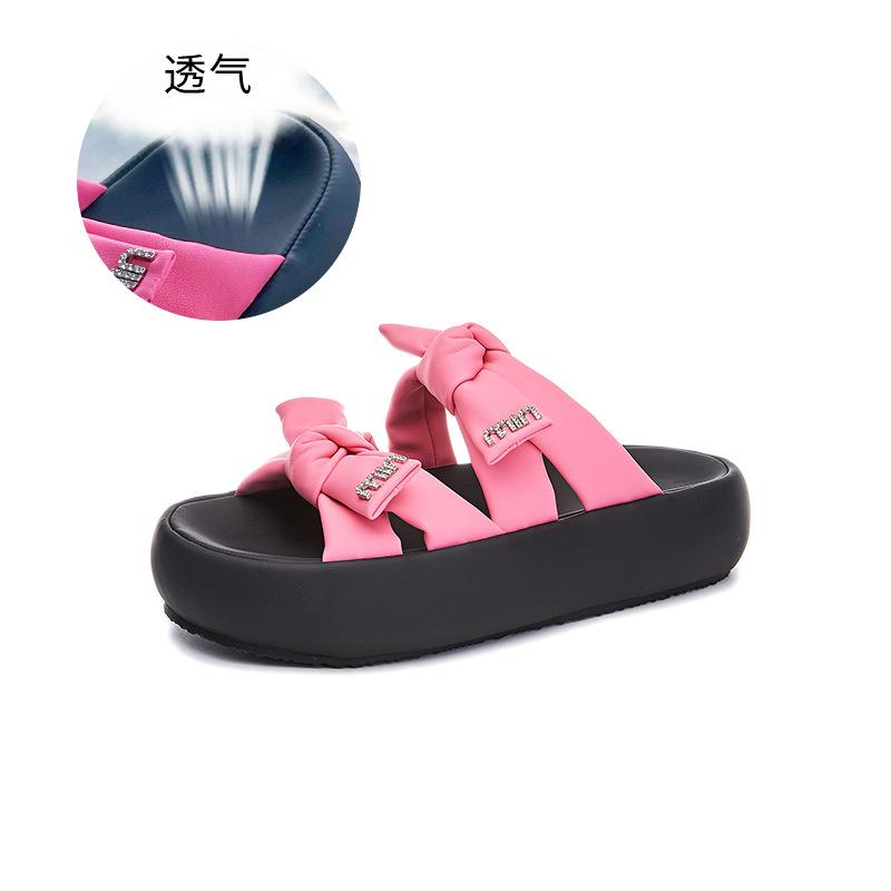 

2025 summer new bow outer wear slippers flat bottom casual fashion height increase sandals women versatile comfortable half drag 35 рожевий