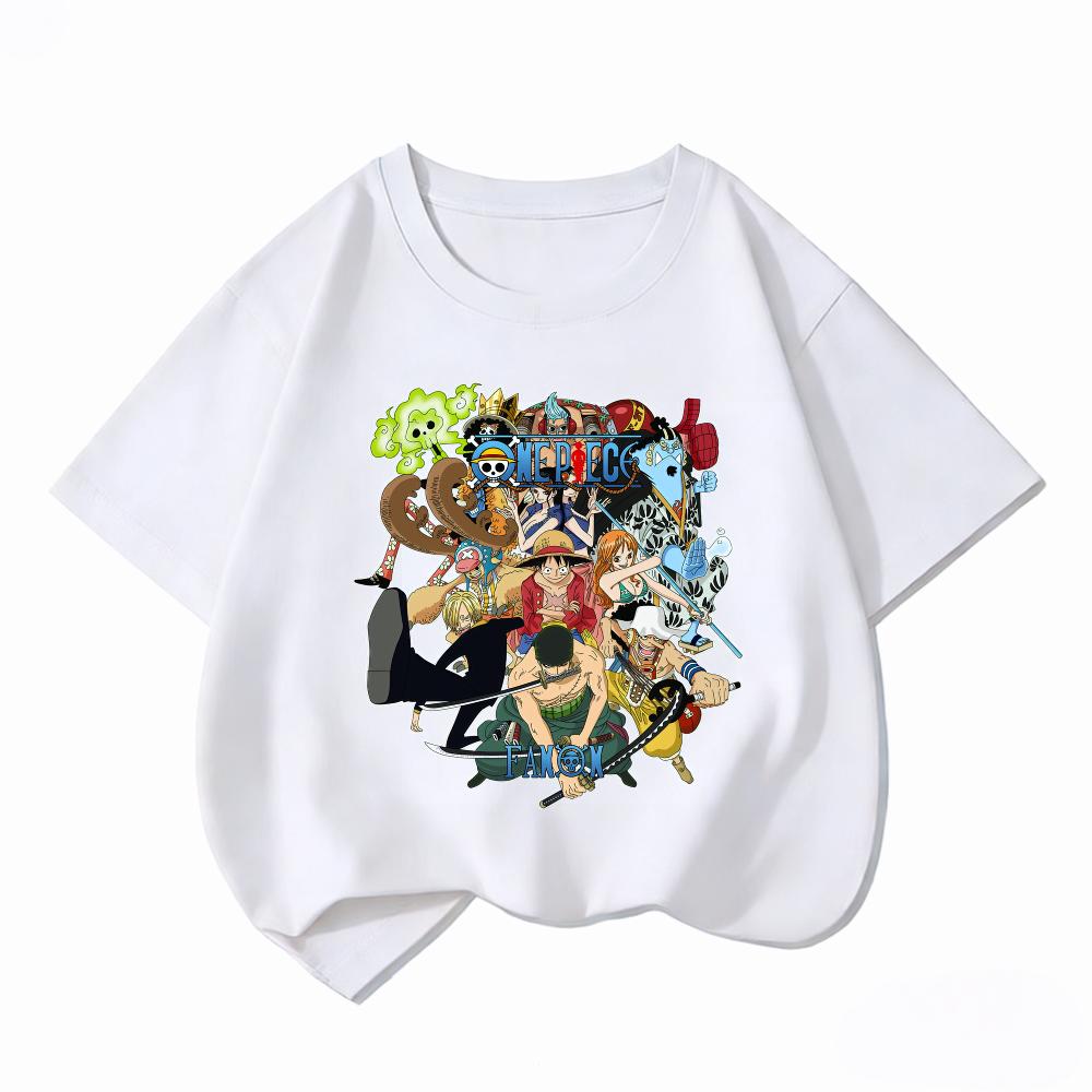 Bandai One Piece Luffy Crew Kids T-Shirt Cotton Boys Girls Summer Short Sleeve Clothes Children Anime Graphic Tees