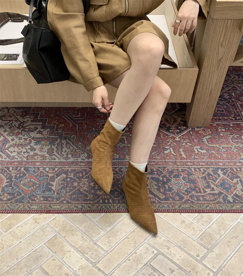 British style woven pointed toe thin heel fashion boots bare boots 2025 autumn and winter new thin versatile short boots women's and ankle boots