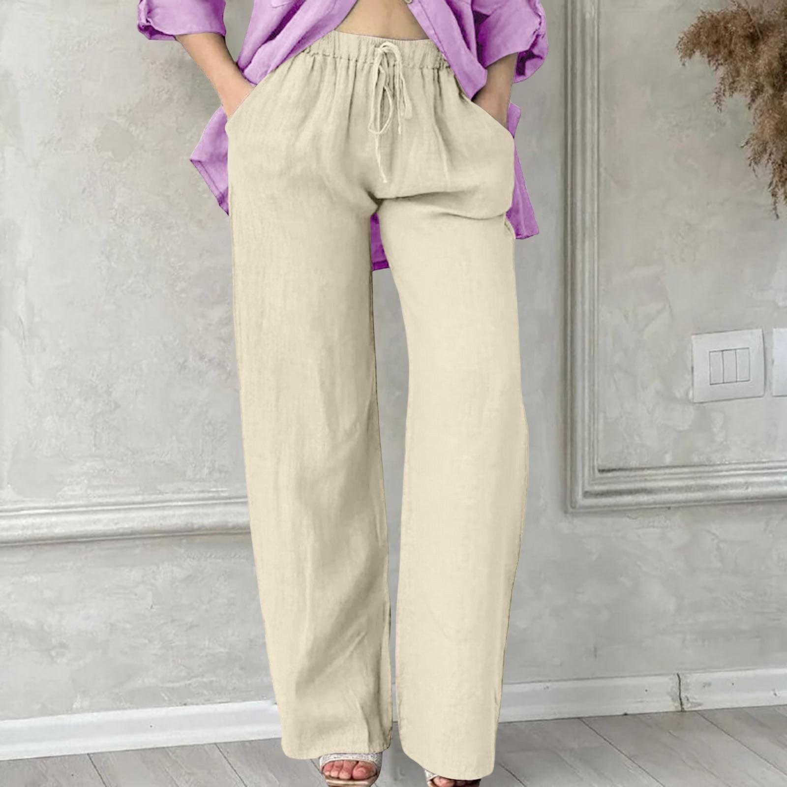 

Льняные брюки для женщин, повседневные, однотонные, с эластичной резинкой на талии, длинные прямые брюки XXL бежевый