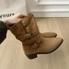 Belt buckle casual Martin boots women's medium boots 2025 autumn and winter new round head solid color thick medium heel fashion boots women