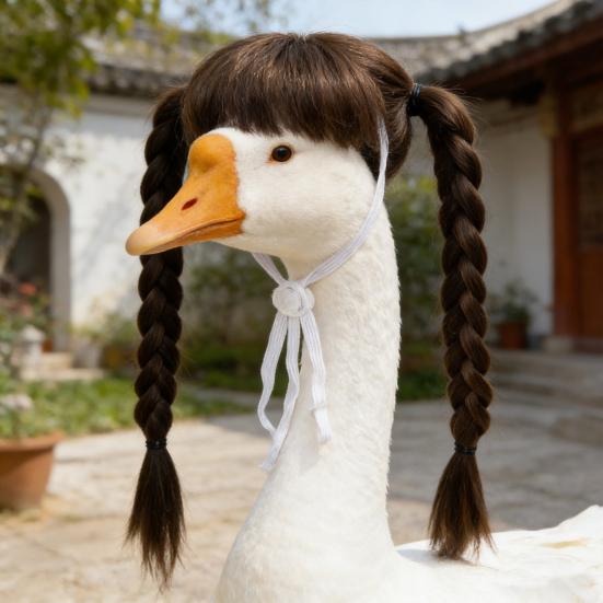 Porch Goose Wig Cute Goose Statue Braid Wig Funny Double Braids with Adjustable Elastic Band for Lawn Goose Statue Yard Garden Outdoor Decoration