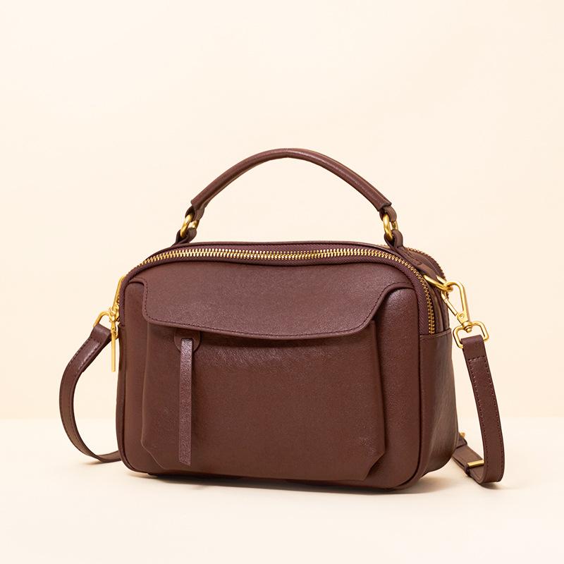 Real Leather Boston Women's Bag Versatile Retro Headlayer Crystal Vegetable Tanned Cowhide Handbag Crossbody