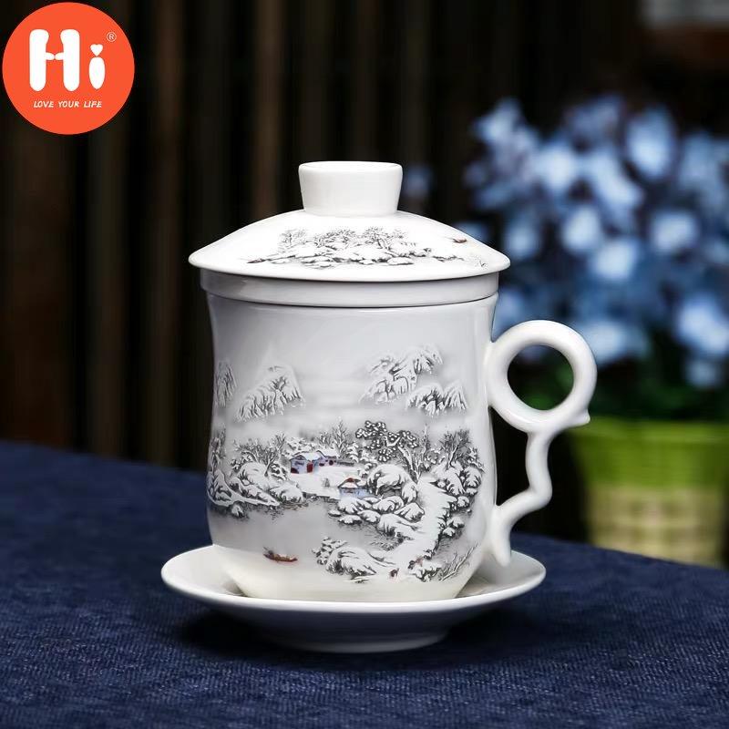 Hi Blue and White Porcelain Office Teacups with Lid Filter Creative Ceramic Hand-Painted Water Cups Household Drinkware Gifts