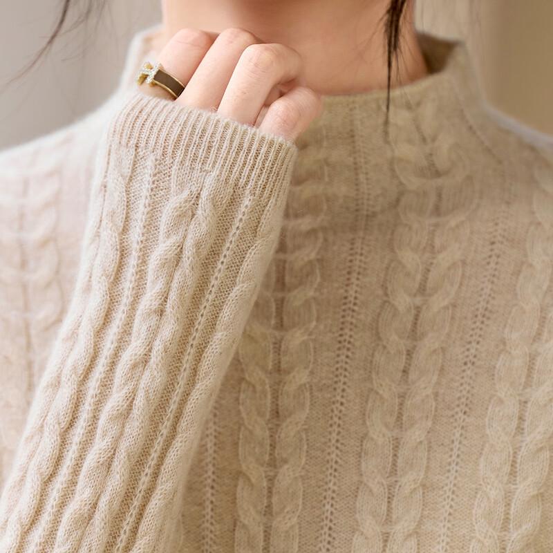 Srcr Women's 100% Cashmere Semi-High Collar Cable Knit Sweater