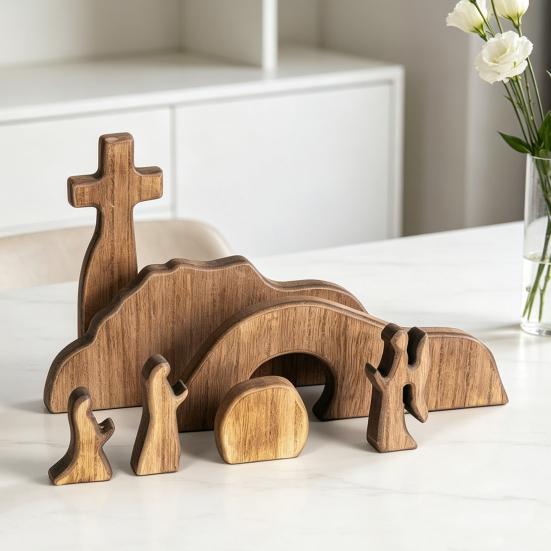 Crèche en bois représentant un tombeau vide, avec scène de la Nativité et de la Résurrection, pour la maison, le bureau ou l'église. Décoration religieuse pour Pâques.