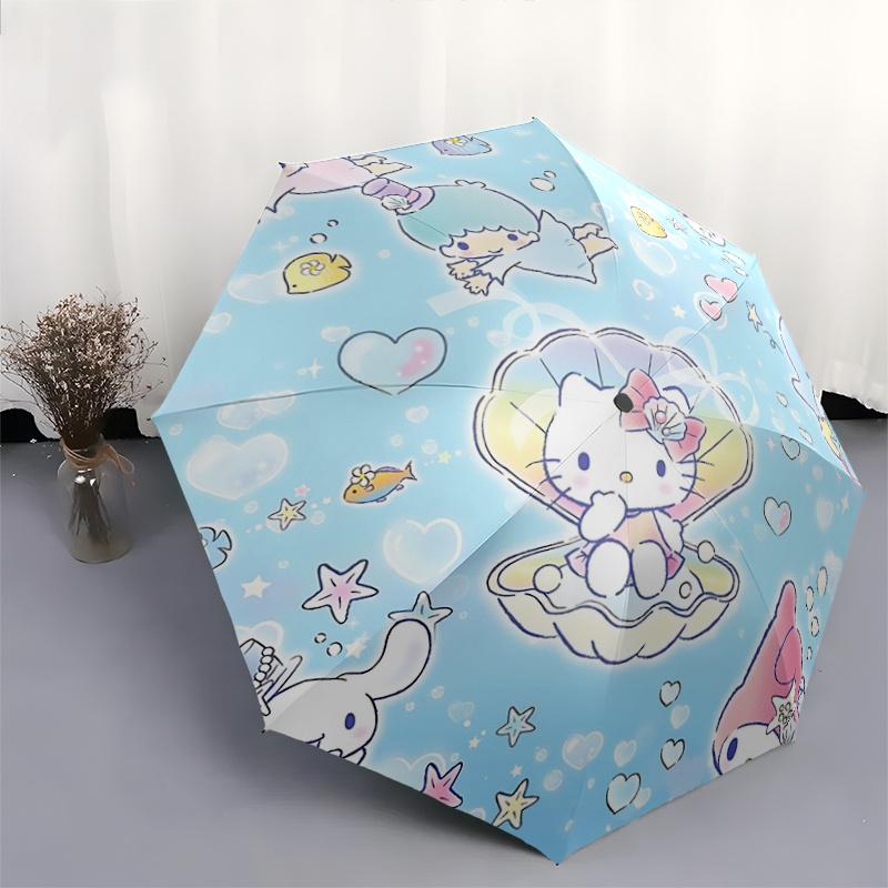 1pc Hello Kitty & Little Twin Stars Automatic Opening/Closing Umbrella - Portable Three-Fold Design with 8-Bone Iron Frame, Outdoor, Perfect Gift for