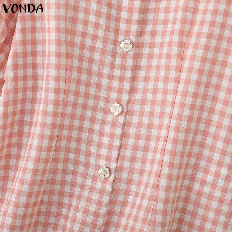 VONDA Topuri casual pentru femei, cu guler rever, mânecă scurtă, cusătură, imprimeu carouri