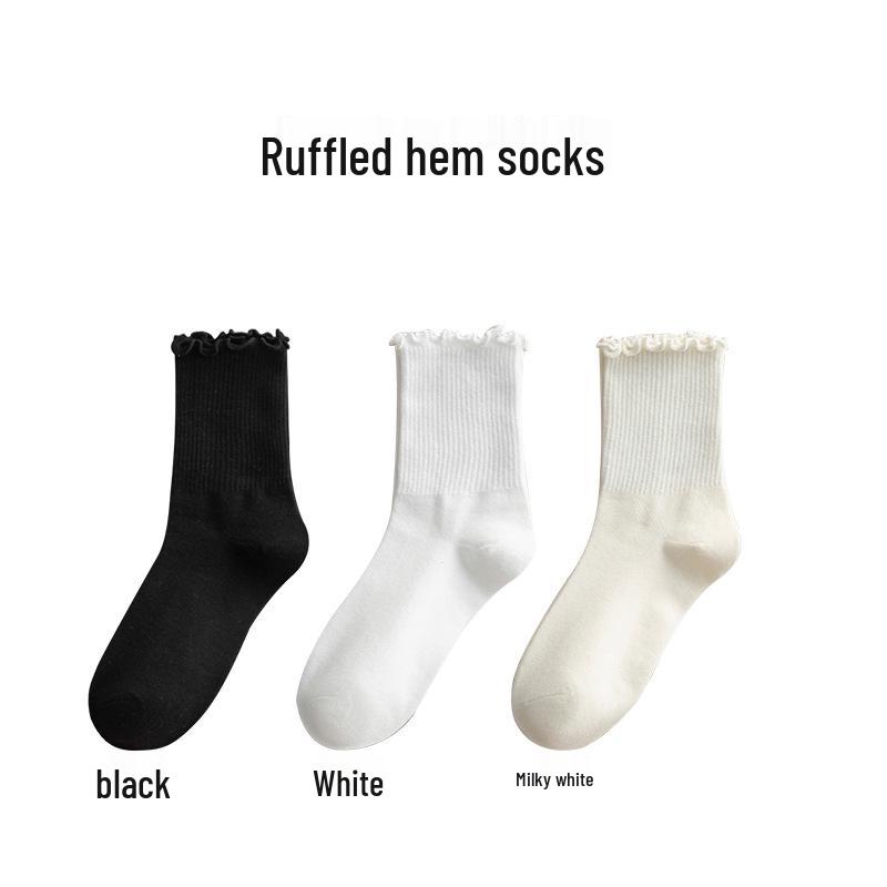 Women's Mid-Calf Ruffle Lace Socks, Coffee Color, Japanese/Korean Style, Cute Solid Color, Versatile and Girly for Spring/Fall.