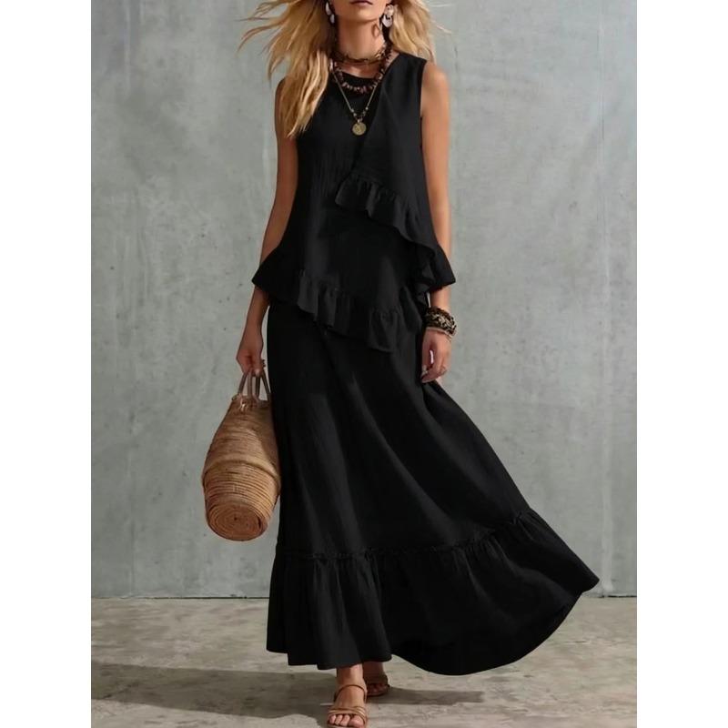 YYFS Abiti casual senza maniche con scollo a V e vita ampia, tinta unita, stampati, estivi e primaverili da donna