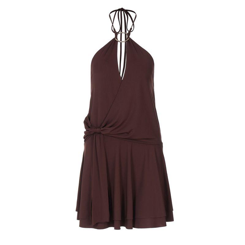 

Elsa European and American Women clothes Summer New Pure Desire Gyaru Hanging Neck Deep V Low Collar High Sense Solid Sleeveless Dress Brown L