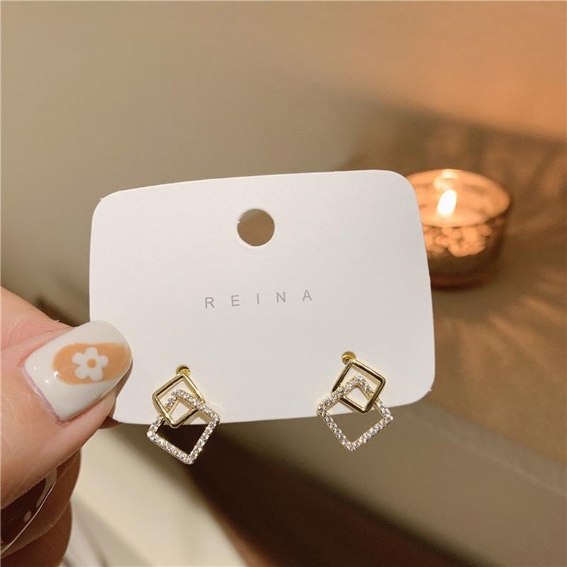 Trendy Korean Double Layer Hollow Square Stud Earrings For Women Crystal Gold Metal Geometric Hollow Jewelry