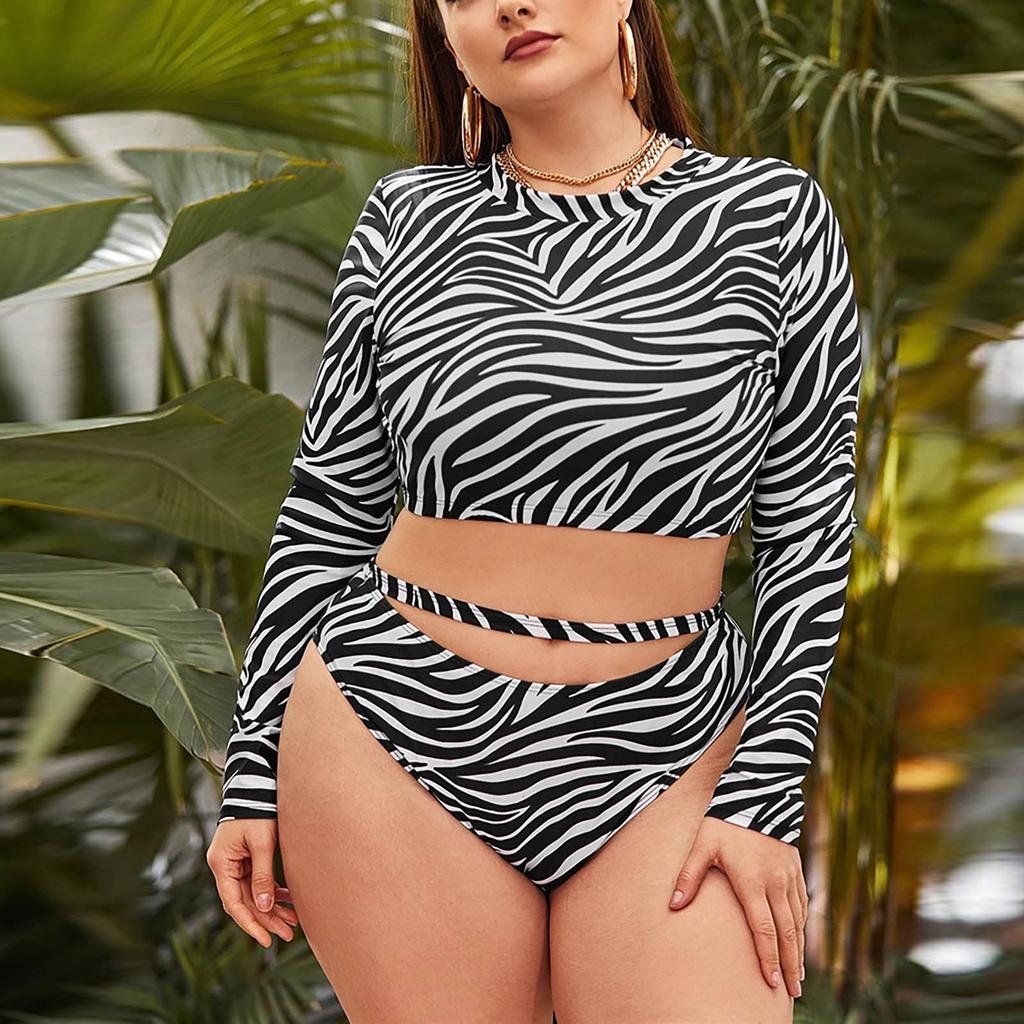 Split Swimsuit Stripe Printed High Waist Hollow Out Long Sleeve Sunscreen Swimsuit For Women
