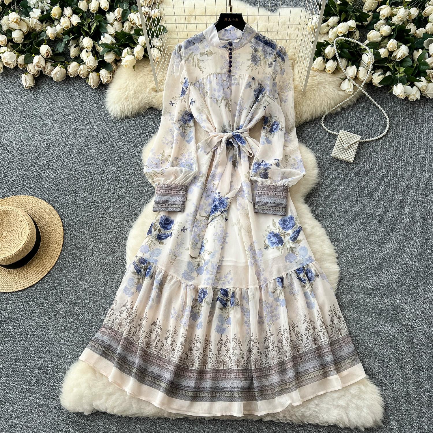 

Весна-лето Женские платья-стойки с винтажным принтом из шифона, длинные, миди, для отдыха на пляже, со шнуровкой 2XL