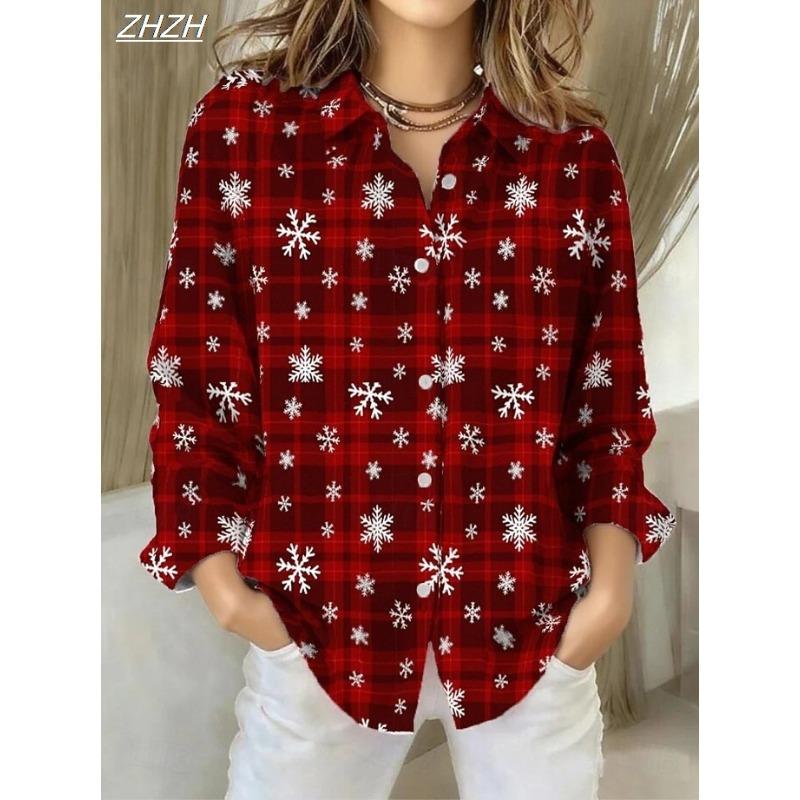 2025 Christmas Women's Geometric Print Blouse, Tropical Vintage Style, Patchwork Button Design, Fall Winter Casual Shirts