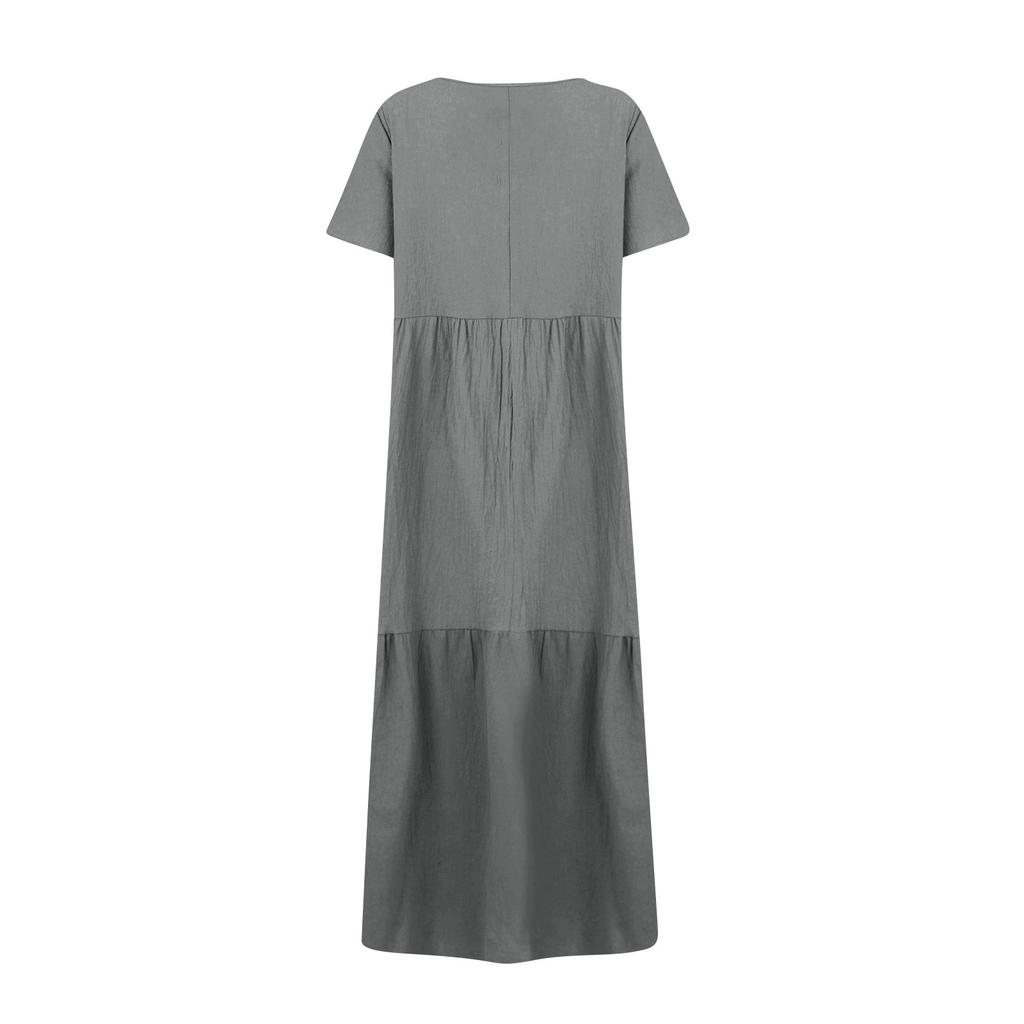 Women's Summer Fashion V-neck Solid Color Large Size Loose Long Large Swing Short-sleeved Dress