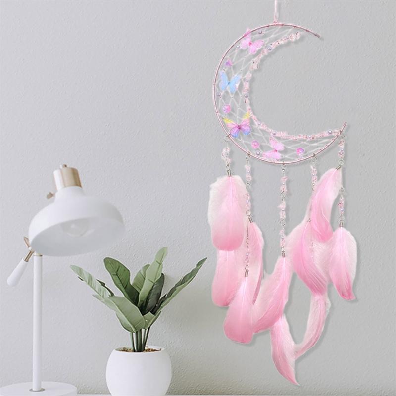 Woven Moon Shape Dreamcatchers with Crystal Wall Art Handmade Butterfly Feathered Tassels Wall Hanging Ornament Decors