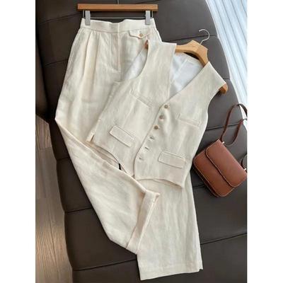 Set Abbigliamento Estivo da Donna Gilet + Pantaloni a Gamba Larga Beige Set Due Pezzi Outfits da Donna