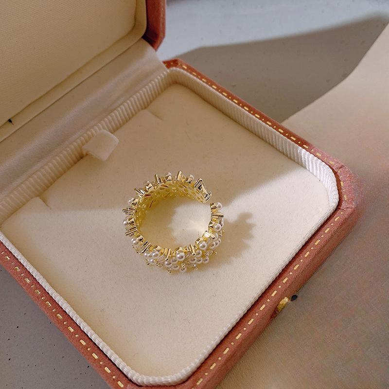 Elegant Zircon Leaf Open Rings for Women Imitation Pearl Inlaid Zircon Adjustable Ring Wedding Party Jewelry