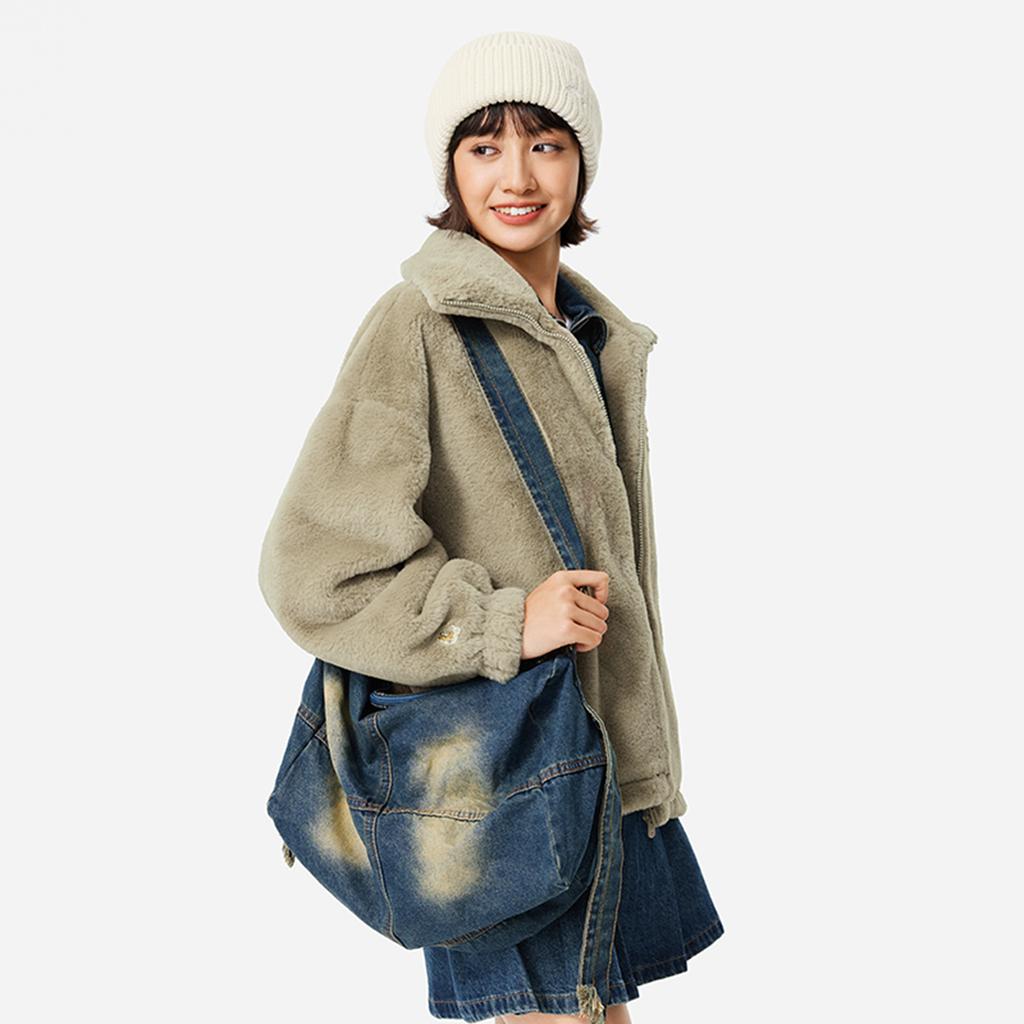Li Ning Sports Lifestyle Series Faux Rabbit Fur Warm Plush Collar Windproof Casual Comfortable Versatile Fleece Jacket Women Jackets AFDUC96-5