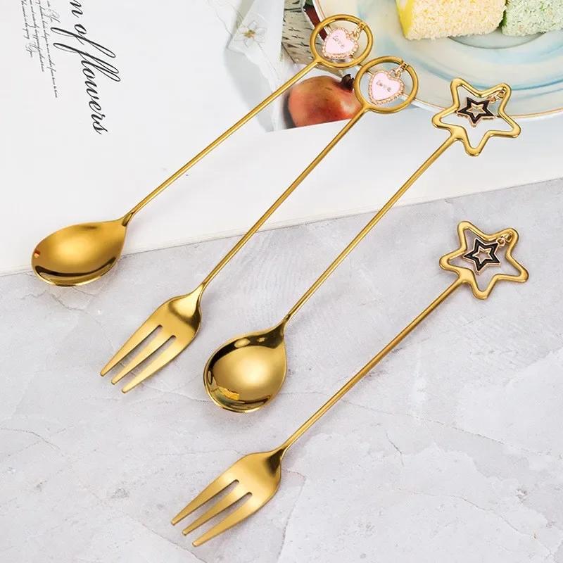 304 Stainless Steel Mixing Spoon with Long Handle Love Heart Star Shape Pendant Fruit Yogurt Honey Mixing Fork Kitchen Tableware