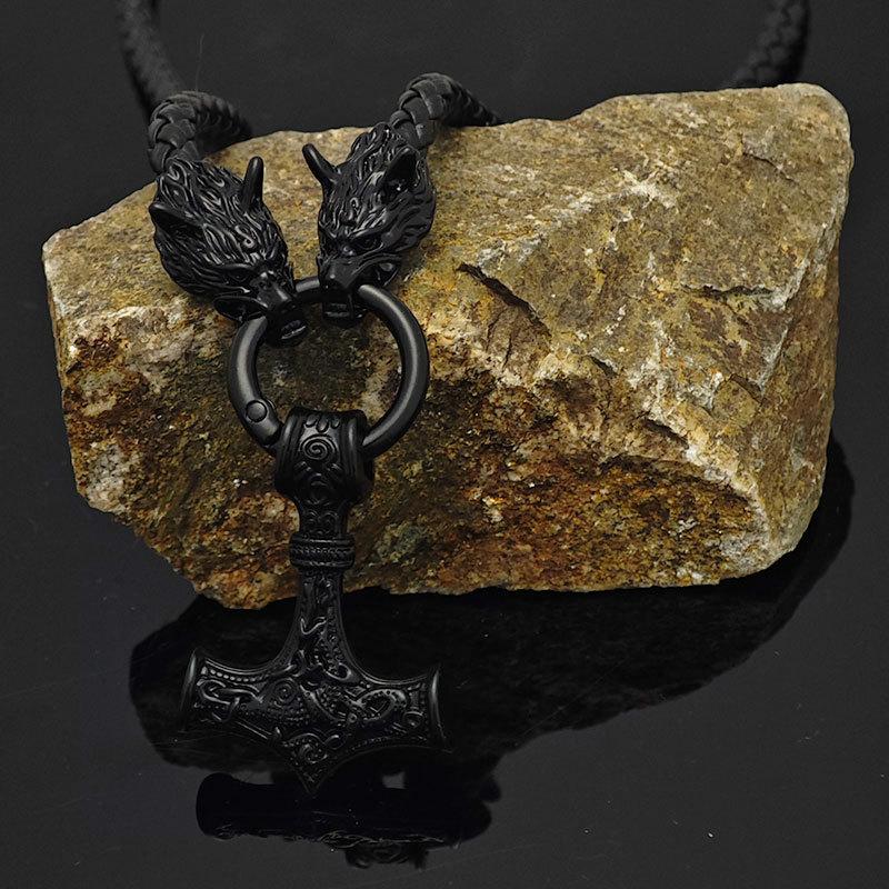 Nordic Viking Leather Necklace Crafted Hammer Celtic Wolf Head Necklace Men's Long Jewelry