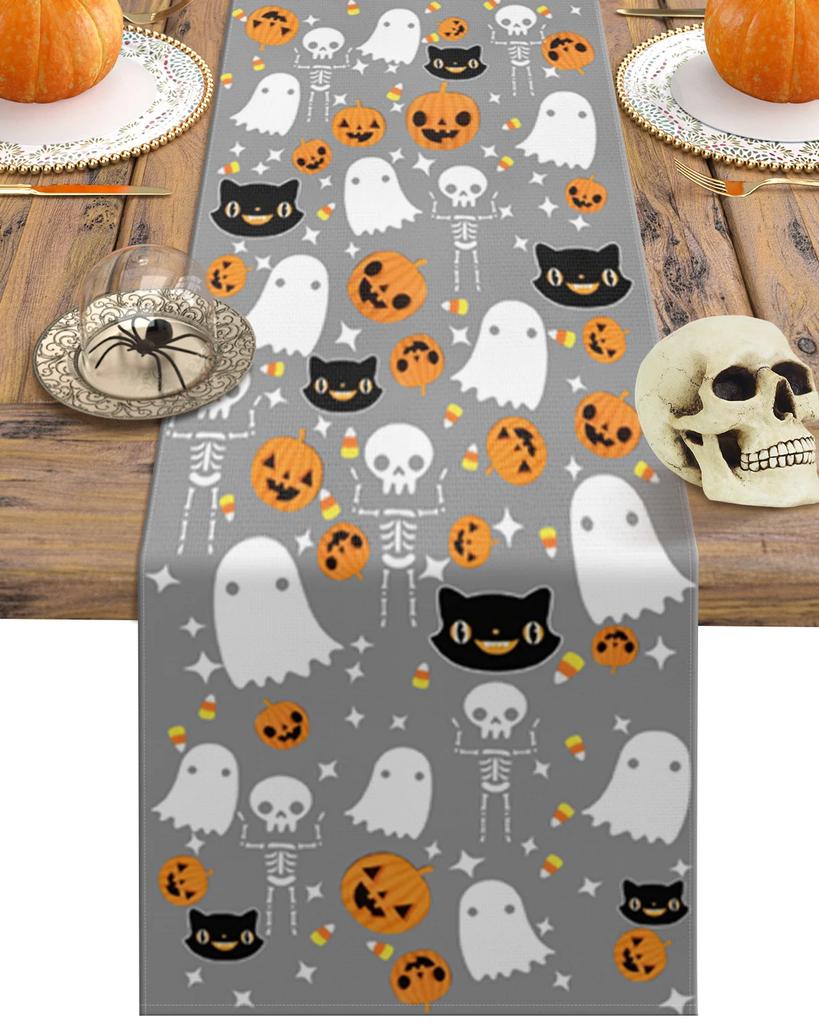 Halloween Pumpkin Candy Black Cat Linen Table Runners Wedding Decoration Farmhouse Dining Table Runners Halloween Decor